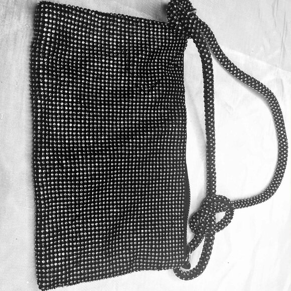 Vintage Handmade Beaded Evening Bag 1990s, Black Crystal Mesh, Zipper Closure - Picture 1 of 12